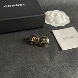 18K CC Black & White Round Gold Earrings