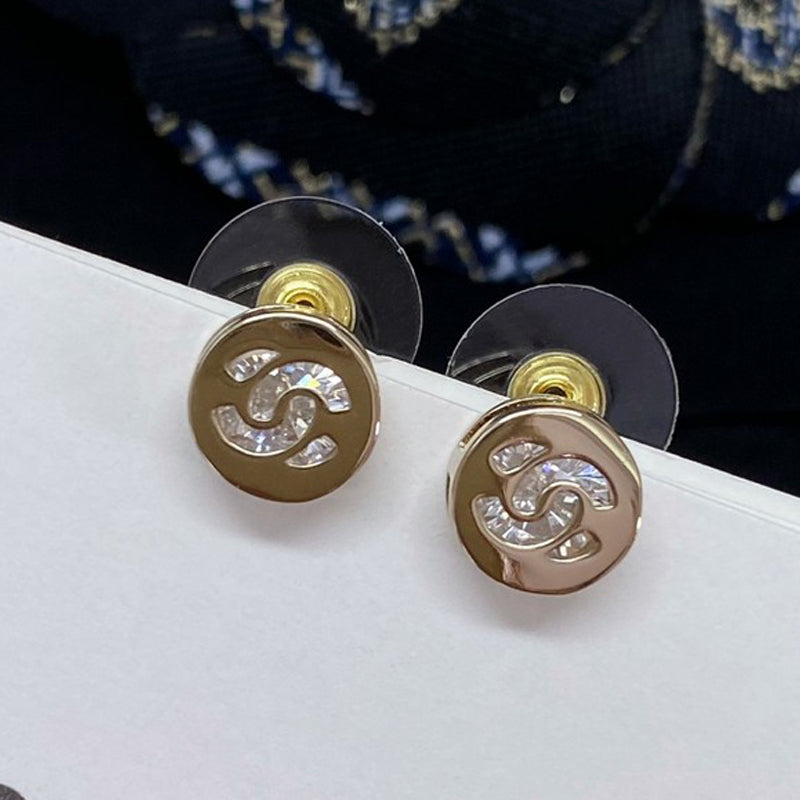 18K CC Gold Diamond Button Earrings