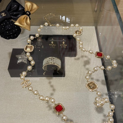 18K CC Long Pearl Red Crystals Necklace