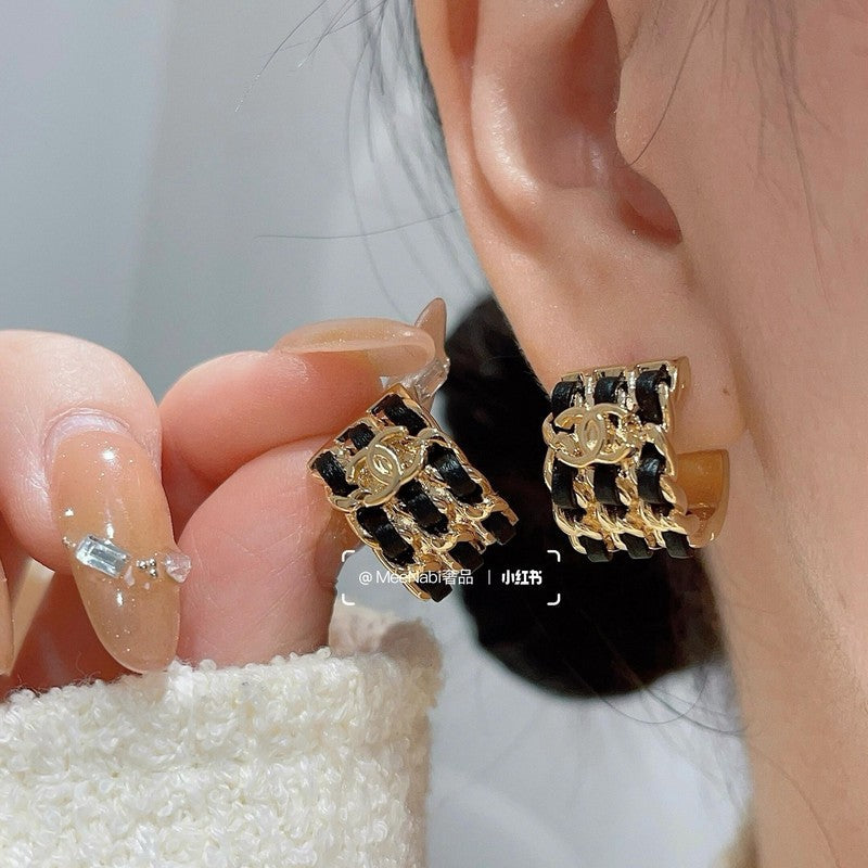 18K CC Leather Gold Circle Earrings
