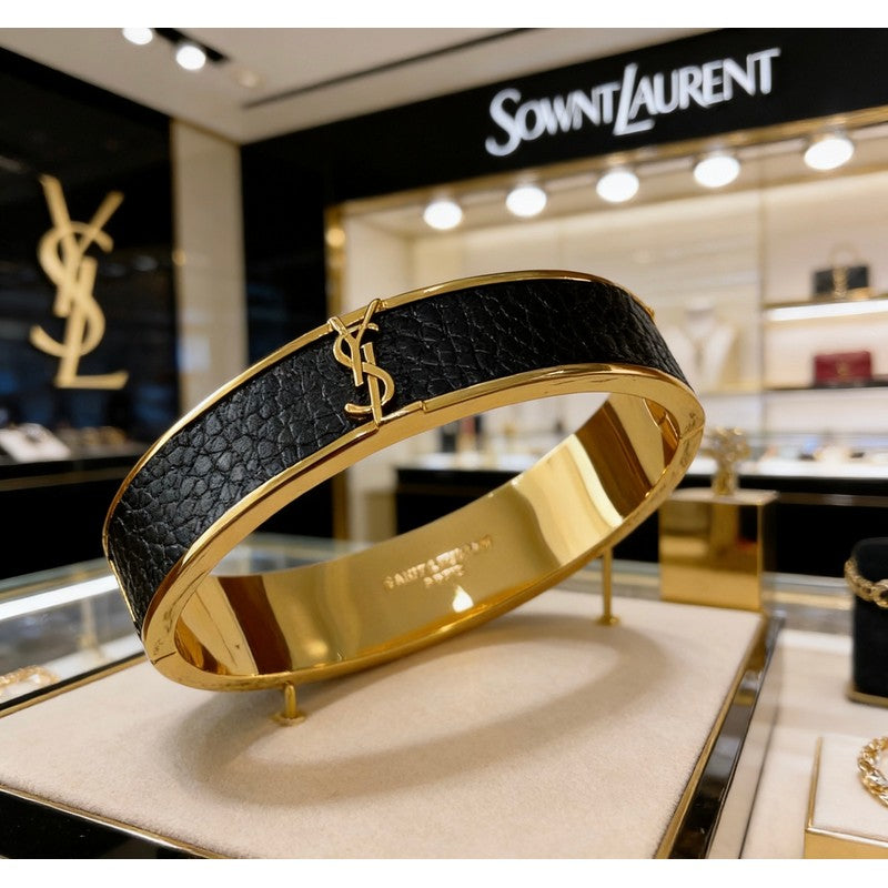 18K Saint Black Leather Gold Bracelet