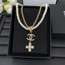 18K CC Cross Diamond Pearl Chain Necklace