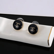 18K CC Circle Black Resin Earrings