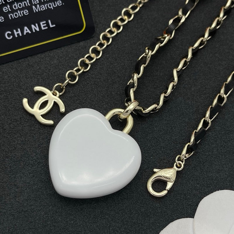18K CC Black & White Heart Leather Necklace