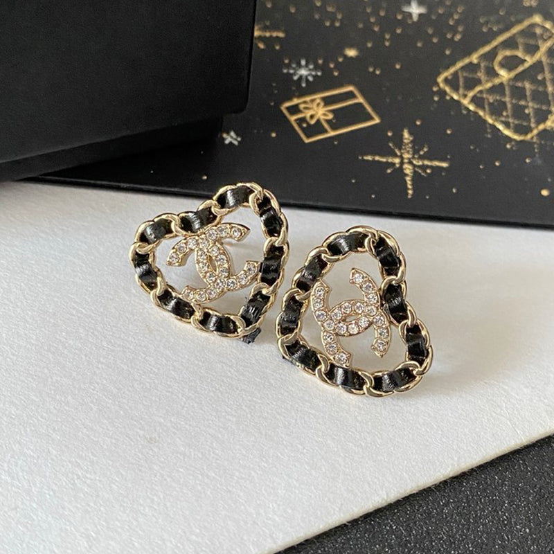 18K CC Black Leather Heart Gold Earrings