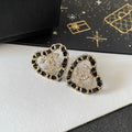 18K CC Black Leather Heart Gold Earrings