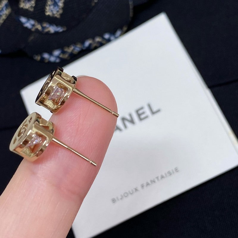 18K CC Gold Diamond Button Earrings