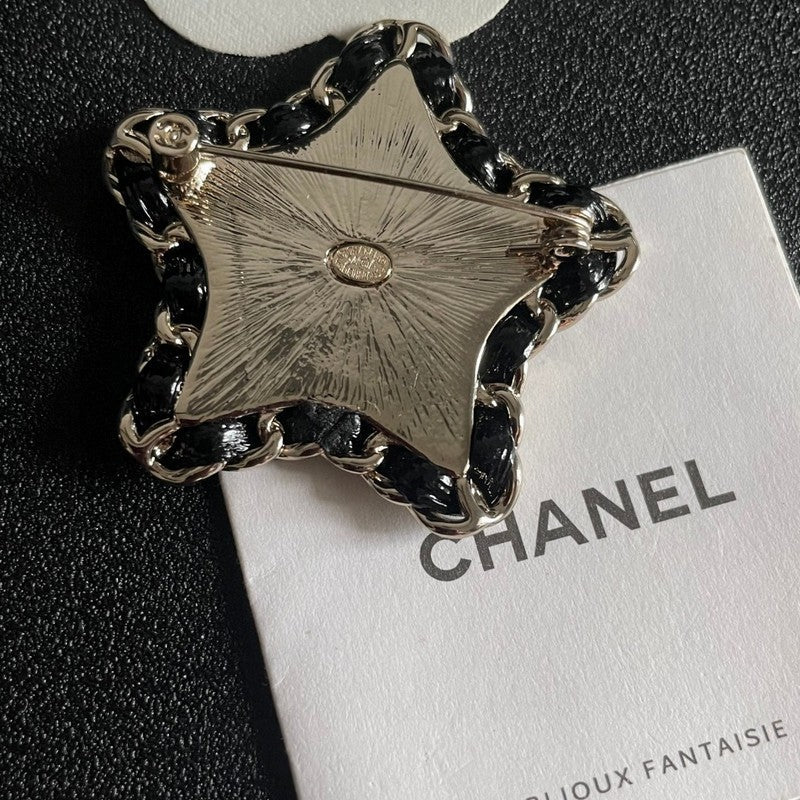 18K CC Black & Red Star Leather Brooch