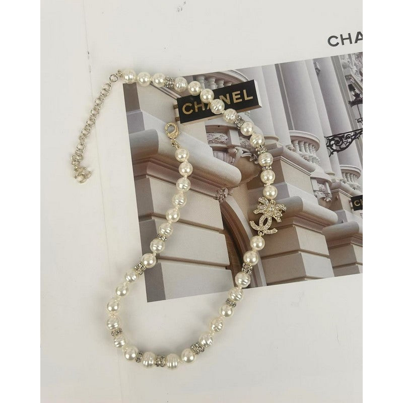 18K CC Bow Diamond Pearl Necklace