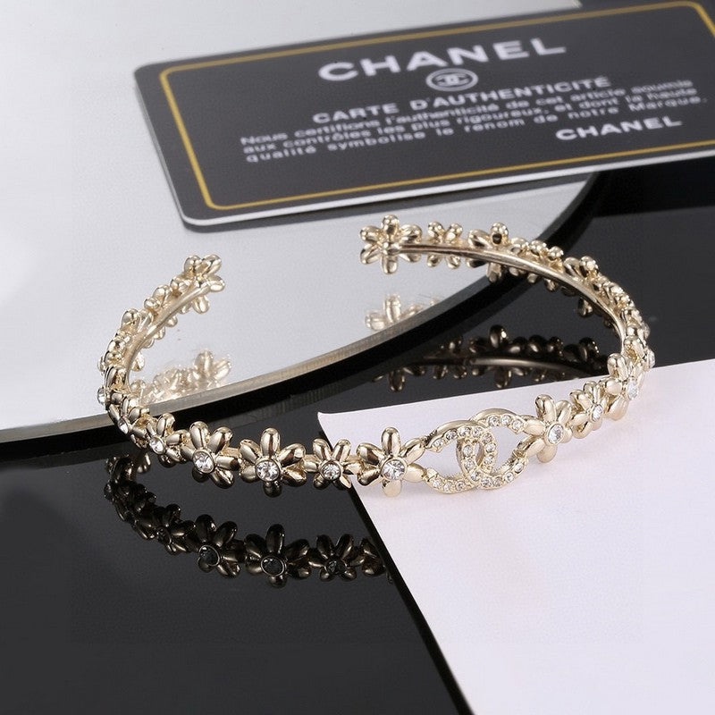 18K CC Crystal Flower Open Cuff Bracelet
