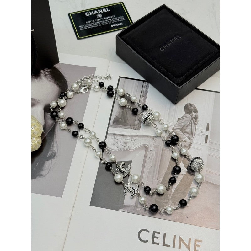18K CC Long Black Beads Pearl Necklace