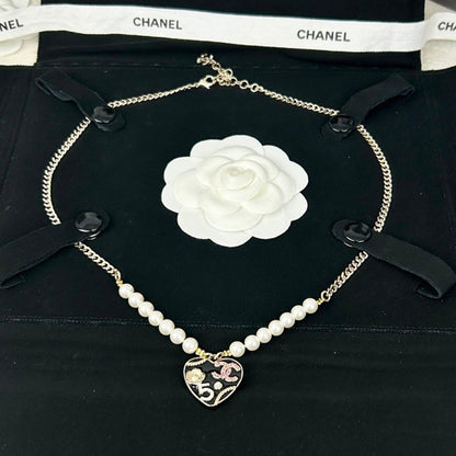 18K CC Pink & Black Heart Pearl Necklace