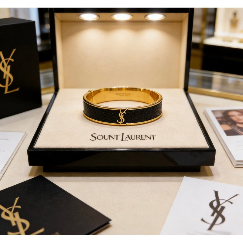 18K Saint Black Leather Gold Bracelet