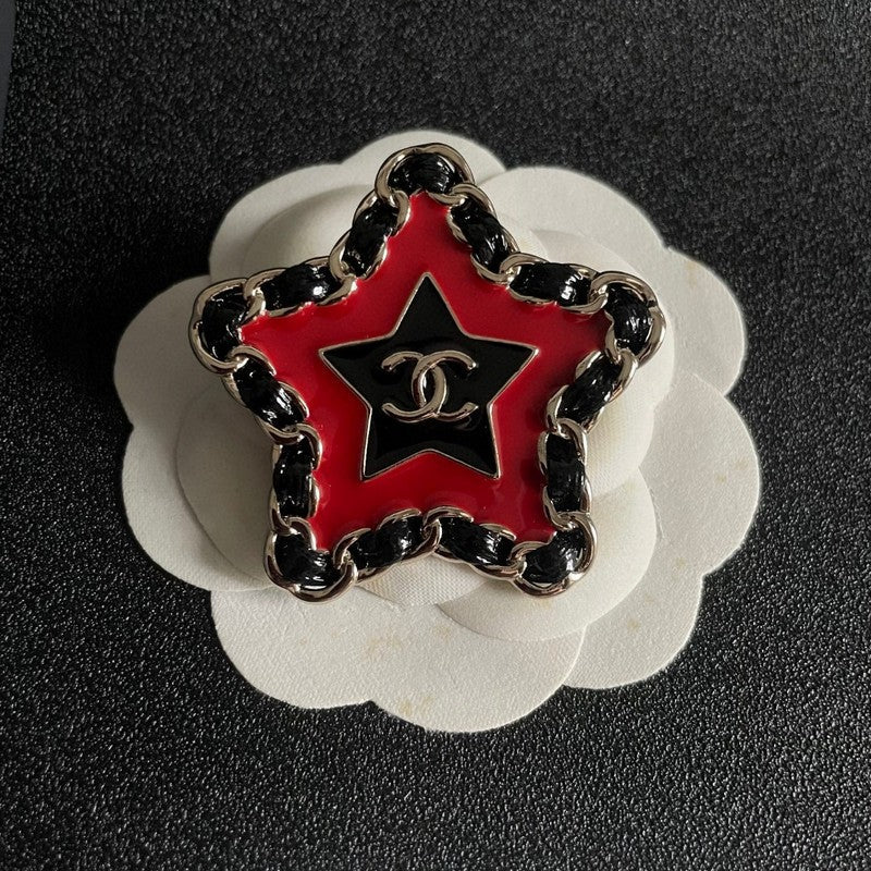 18K CC Black & Red Star Leather Brooch