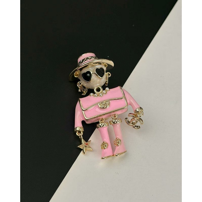 18K CC 24B Pink & Black Robot Gold Brooch