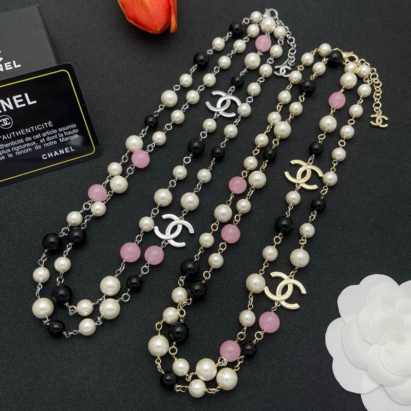 18K CC Black & Pink Bead Long Necklace