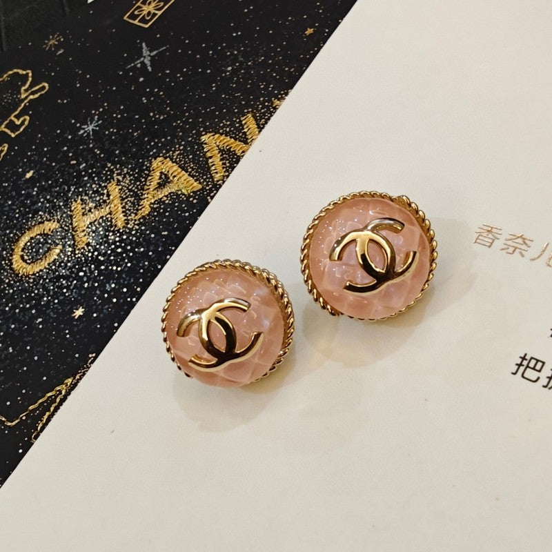 18K CC Black & Pink Round Earrings