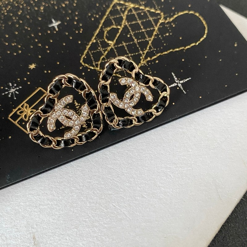 18K CC Black Leather Heart Gold Earrings