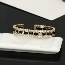 18K CC Black Leather Open Cuff Bracelet