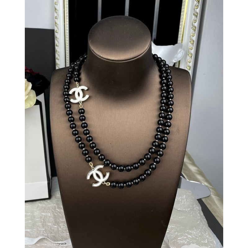 18K CC 23A Black Bead Long Necklace
