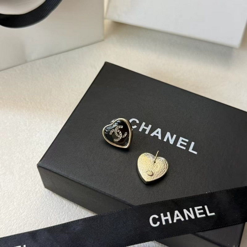 18K CC Black Heart Gold Earrings