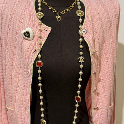18K CC Long Pearl Red Crystals Necklace