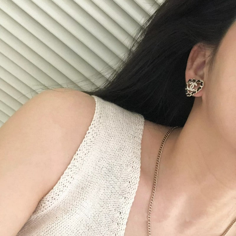 18K CC Black Leather Heart Gold Earrings