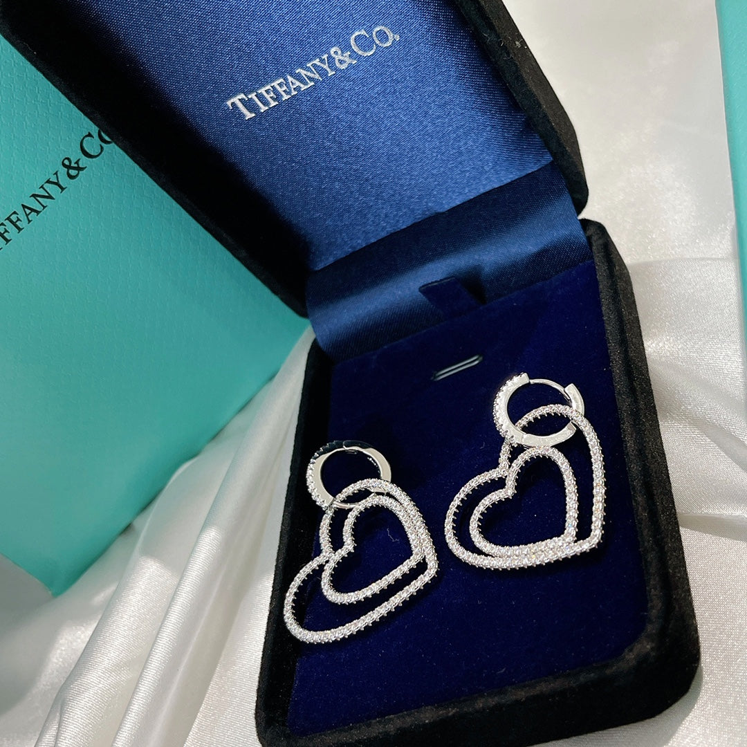 18K T Double Heart Diamond Earrings