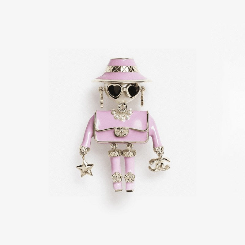 18K CC 24B Pink & Black Robot Gold Brooch