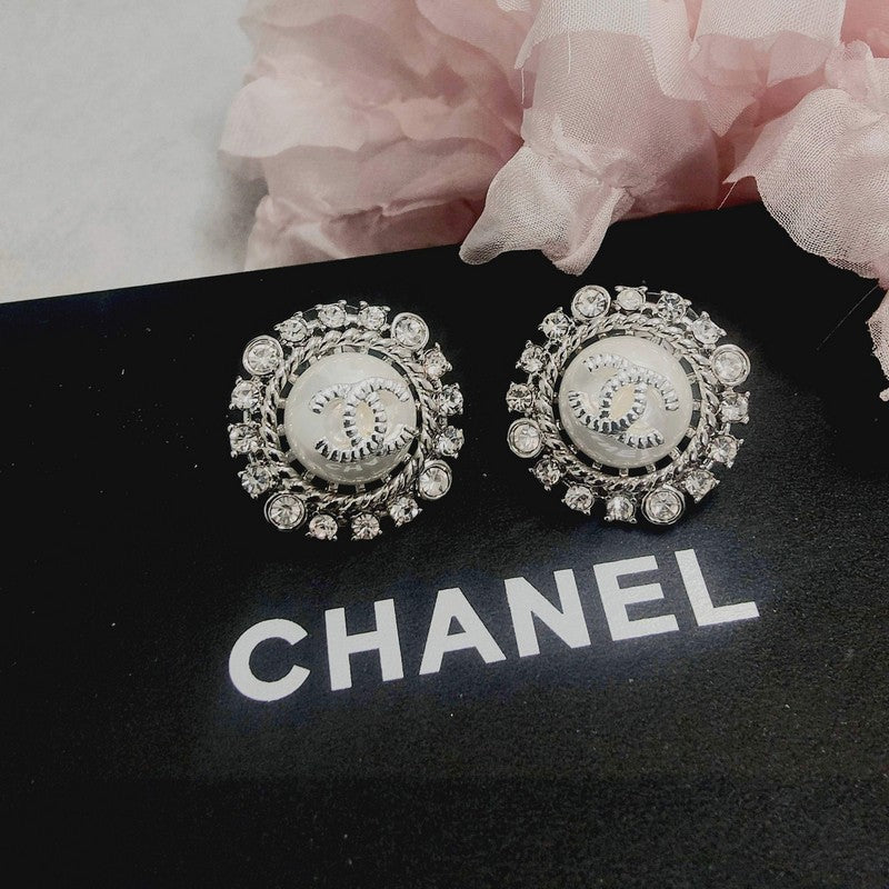 18K CC Round Pave Diamond Earrings