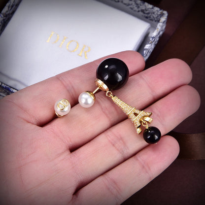 18K CD Tribales Eiffel Tower Charm Black Pearls Earrings