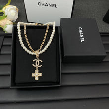 18K CC Cross Diamond Pearl Chain Necklace