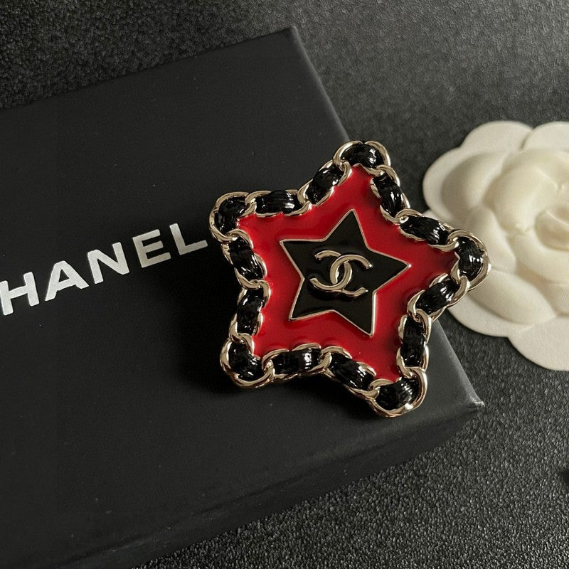 18K CC Black & Red Star Leather Brooch