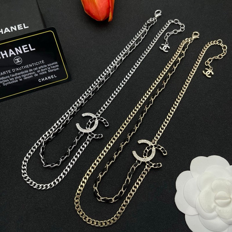 18K CC Black Leather Chain Necklace