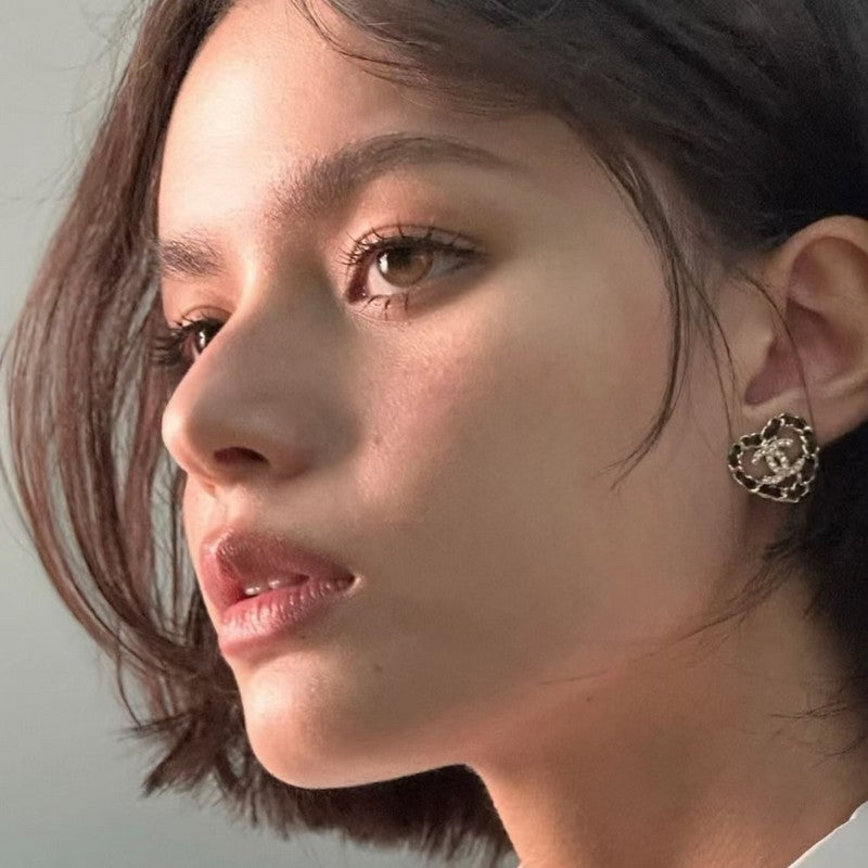 18K CC Black Leather Heart Gold Earrings
