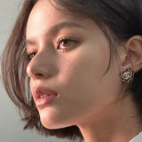 18K CC Black Leather Heart Gold Earrings