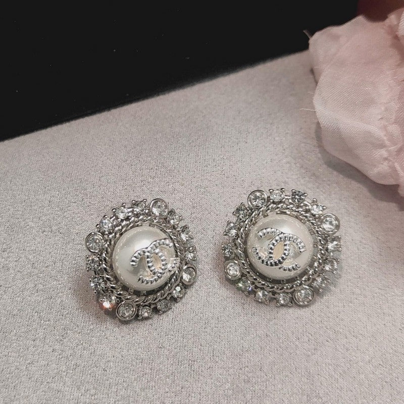 18K CC Round Pave Diamond Earrings